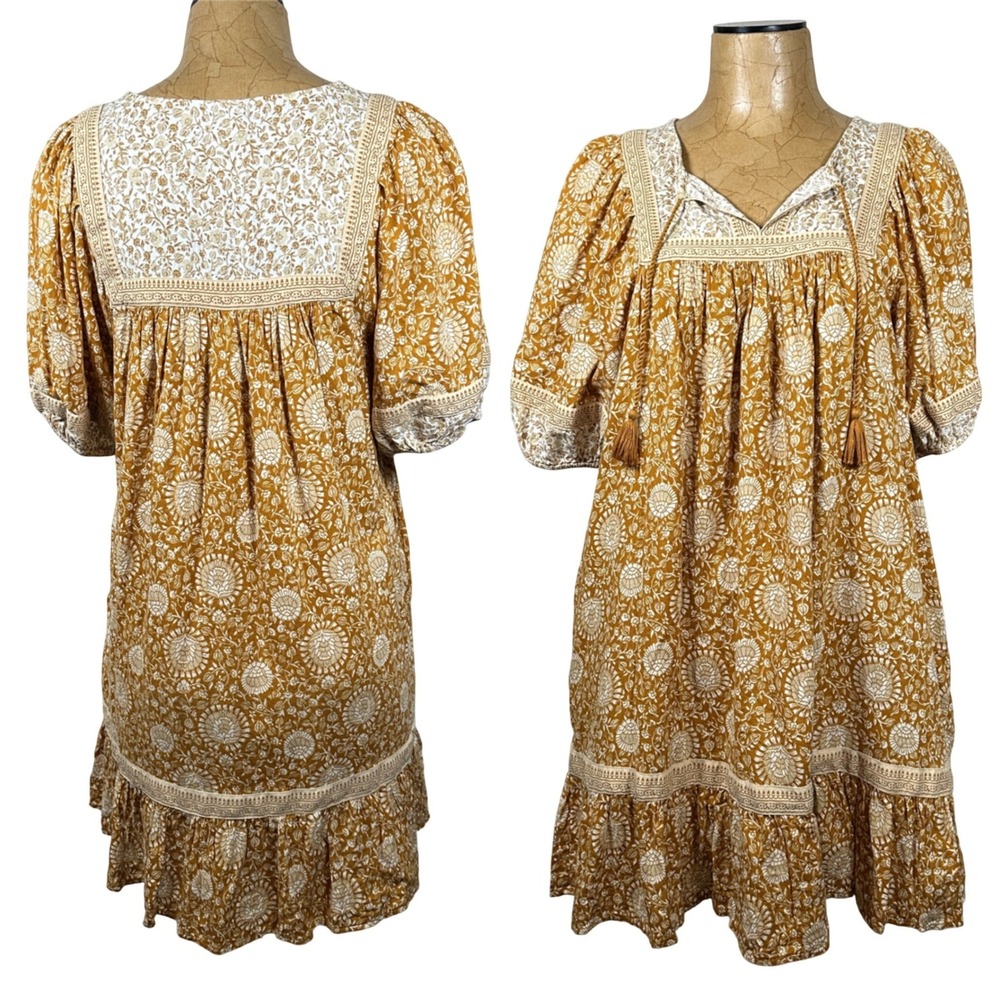 Old Navy Medium Mustard Yellow Floral Boho Tassel‎ Babydoll Mini Dress Cottage